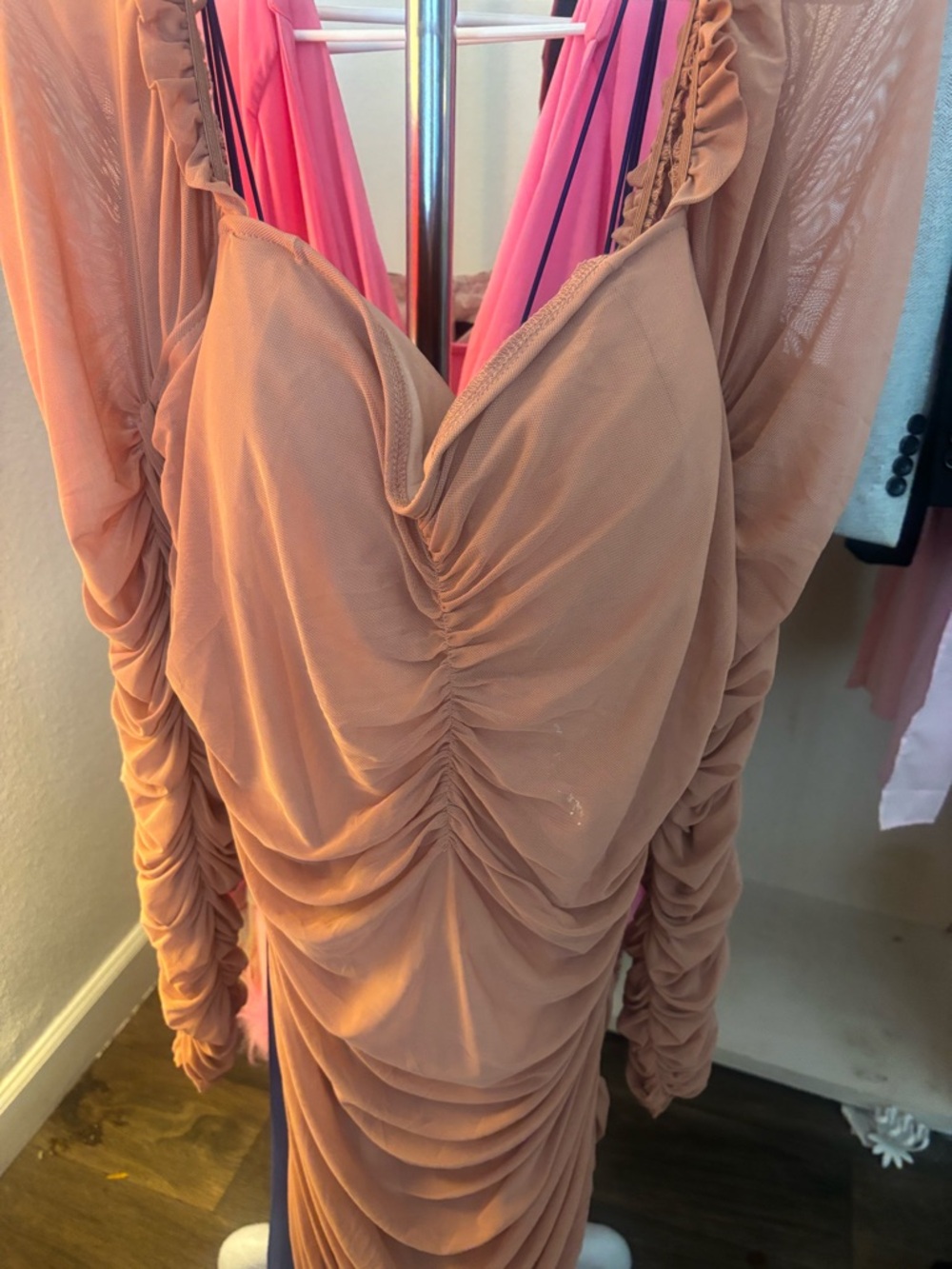 Fashion Nova Ruched Dusty Rose Long Sleeve Dress